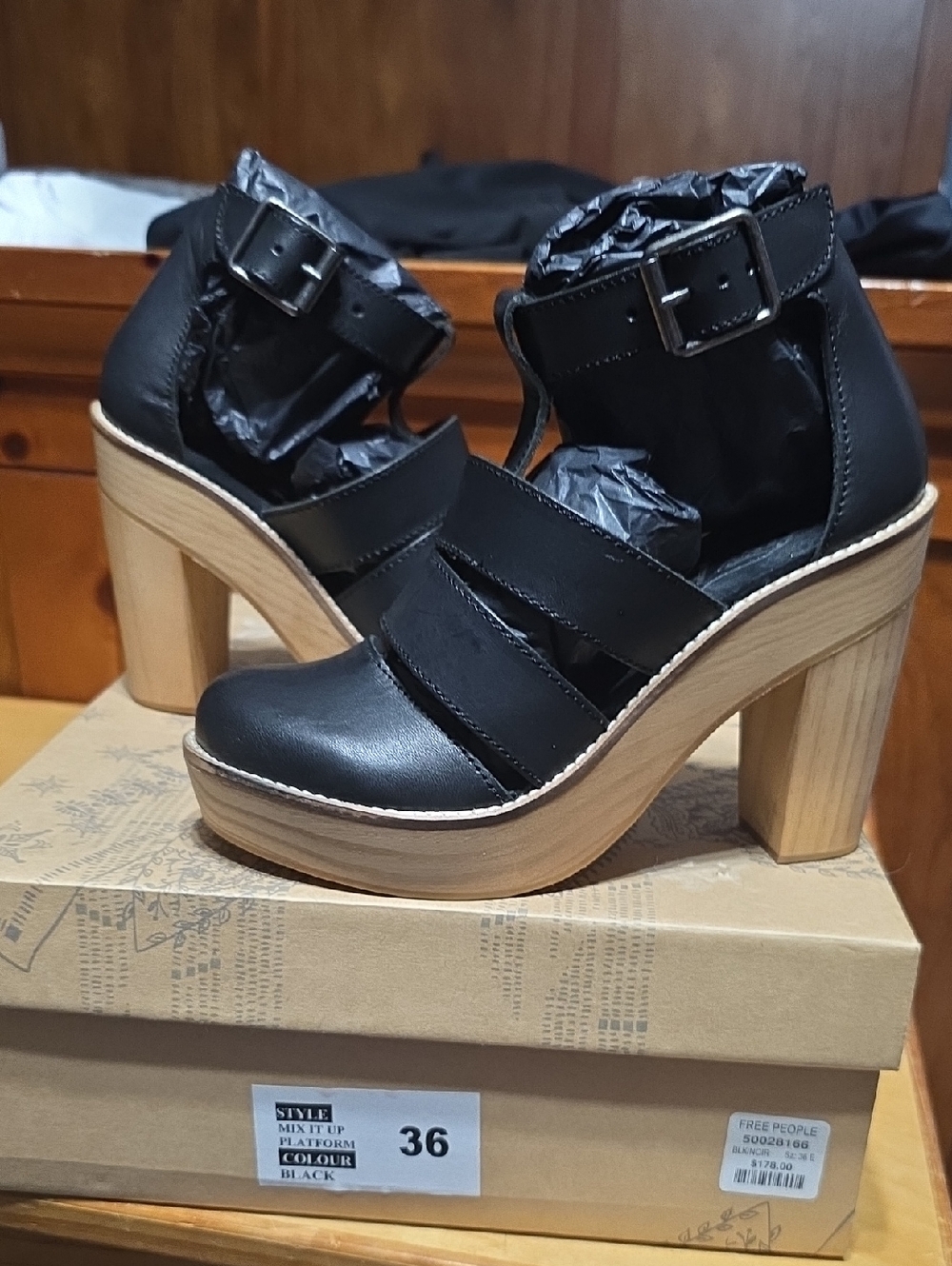 Free People Black Platform Block Heel Sandals with Ankle Buckle